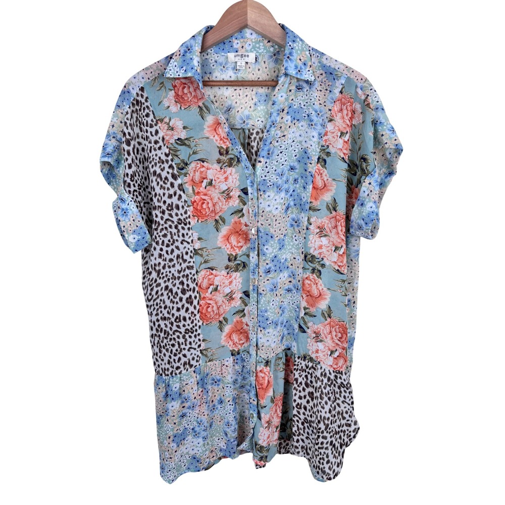 Umgee S Patchwork Floral Leopard Semi Sheer Button Up Shirt Boho Cottagecore
